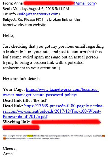 dead link email scam example