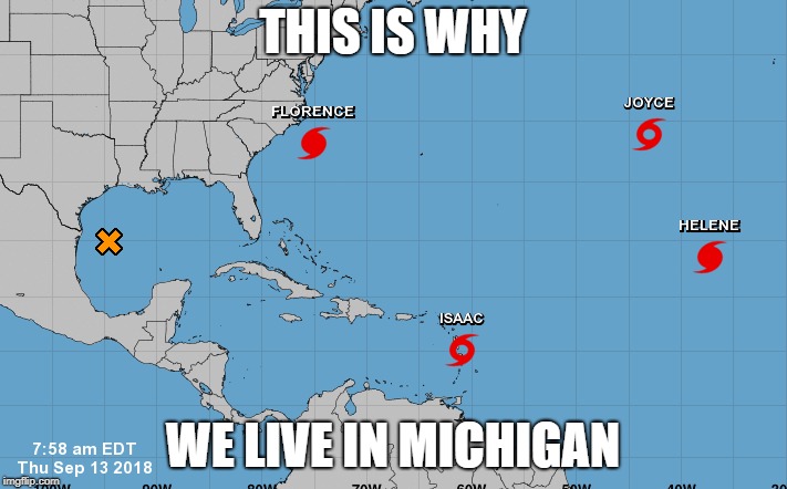 meme showing Atlantic storms in September 2018 as illustration for natural disasters