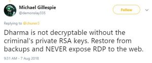 Michael Gillespie Tweet about Dharma ransomware .combo variant