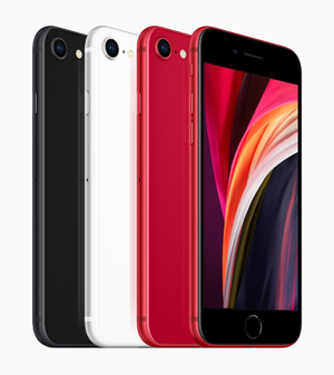 photo of Apple's new iPhone SE in three colors: black, white, and RED