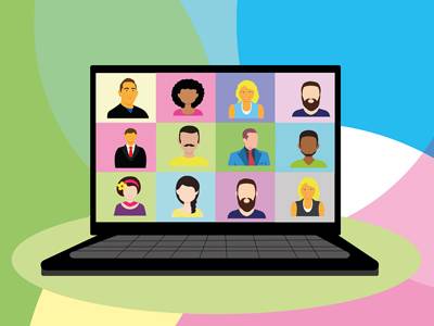 Coloful illustration of video meeting, cartoony laptop displays 12 faces on screen.
