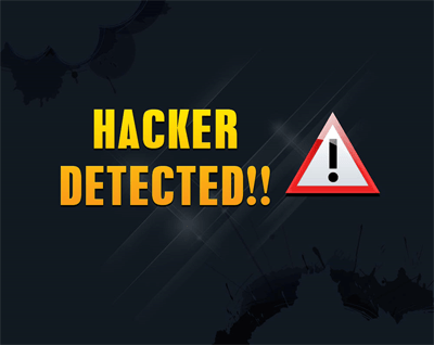 Bright orange and yellow all-caps letters next to a triangle hazard symbol on a black background. Text reads "HACKER DETECTED!" 
